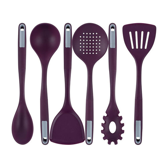 Restaurantware Silicone Utensil Set Pack of 1 Non-Slip Handle 6-Piece Kitchen Tool Set, Heat-Resistant Dishwasher-Friendly Cooking Accessories, Durable Purple Cooking Utensils