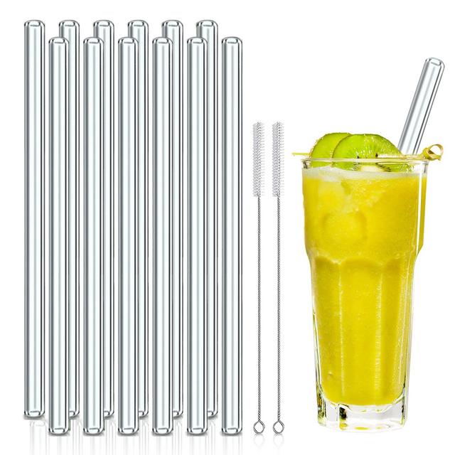 Reusable Glass Straws, 10mm Straight Glass Drinking Straws, 12 Pack with 2 Cleaning Brushes, Non-Toxic, BPA Free Glass Straws for Beverages, Shakes, Milk Tea, Juices (Transparent)