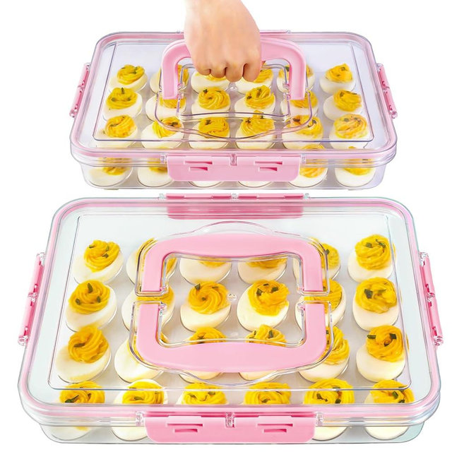 MesRosa 2 Pack Deviled Egg Containers with Lid and Handle, Durable Clear Plastic Deviled Egg Carrier Storage 48 Eggs, Stackable Egg Holder for Fridge, Portable Tray Platter for Party & Picnics-Pink