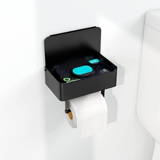 JUYSON Toilet Paper Holder with Flushable Wipes Dispenser, for Bathroom with Wipe Storage Shelf, Keep Your Wipes Hidden Out of Sight - Stainless Steel Wall Mount - Black