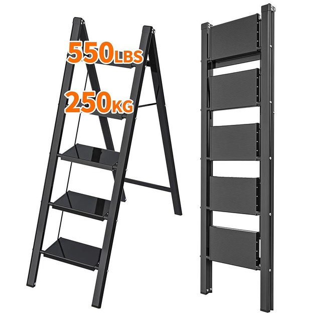 JOISCOPE 5 Step Aluminum Ladder,Lightweight Folding Step Stools for Adults with Wide Anti-Slip Pedal,550 lbs Capacity Portable Sturdy Ladder,Multi Use Ladder for Home Kitchen Office,Space Saving,Black
