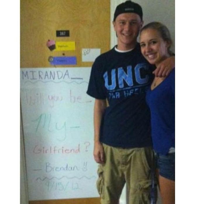Brendan asked Miranda to be his girl friend by writing it on the whiteboard outside her freshman dorm room.