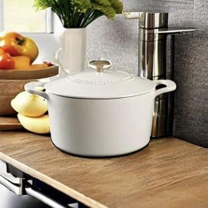 MARTHA STEWART Gatwick 7-Quart Enamel Cast Iron Dutch Oven – Linen White With Gold – Heavy-Duty Dutch Oven for Slow Cooking, Braising & Baking