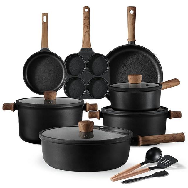 CAROTE Nonstick Cookware Sets, Pots and Pans Set Non Stick 14pcs, Titanium Induction Cookware Sets with Stay-Cool Handle, Black