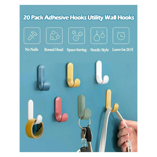 LunaLulinlk 20 Pack Adhesive Hooks Utility Wall Hooks, Cute Key Hooks for Wall Decorative Key Holder Rack, Colorful Self Adhesive Wall Hooks