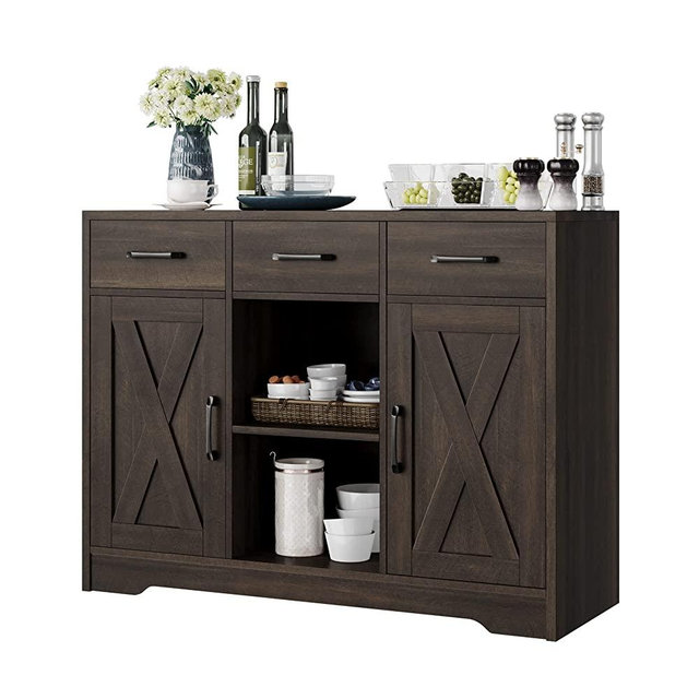 HOSTACK Modern Farmhouse Buffet Cabinet with Storage, Barn Doors Sideboard Buffet Storage Cabinet with Drawers and Shelves, Wood Coffee Bar Cabinet for Kitchen, Dining Room, Living Room, Dark Brown