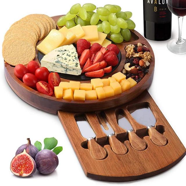 CTFT Cheese Board Set, Charcuterie Boards Acacia Round Platter Serving Tray Charcuttery Meat Platter With Knife Set And Marble Plate, Gifts For Mother’s Day Housewarming Christmas Wedding Anniversary