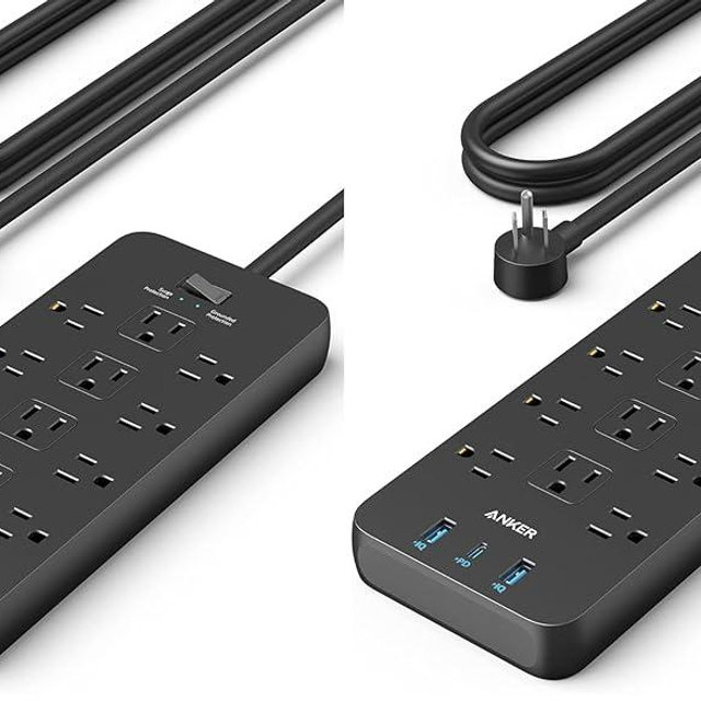 Anker Power Strip with 3 USB Ports, Surge Protector (2100J-10ft), 12 Outlets, 2 USB-A Ports and 1 USB-C Port, Works with iPhone 16/16 Plus/16 Pro/16 Pro Max, for Home, Office, TUV Listed (Pack of 2)