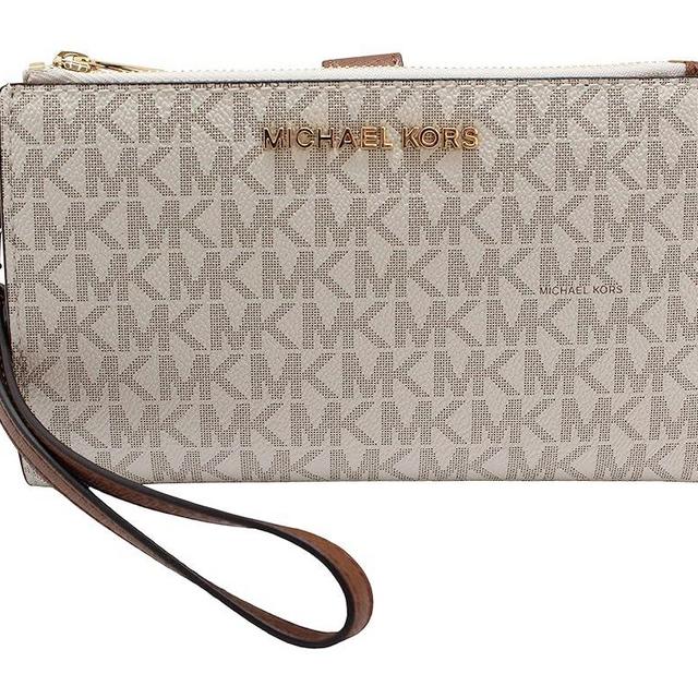 Michael Kors Jet Set Travel Double Zip Wristlet - Signature PVC (Vanilla PVC/Dark Acorn)
