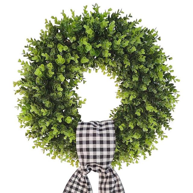 Boxwood Wreaths for Front Door Artificial Green Spring Summer Wreaths Farmhouse Door Hanger,Year Round Door Wreath Wedding and St Patricks Day Decorations Indoor Outside use- with Buffalo sash-20