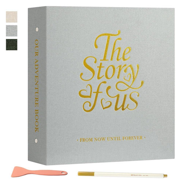 Lanpn Couples Scrapbook Photo Album - The Story of Us, Linen Wedding Anniversary Self Adheisve Picture Book holds 4x6 5x7 A5 Photo for Love Newlywed Valentine's Day (Small 20 Sheets/40 Pages, Grey)