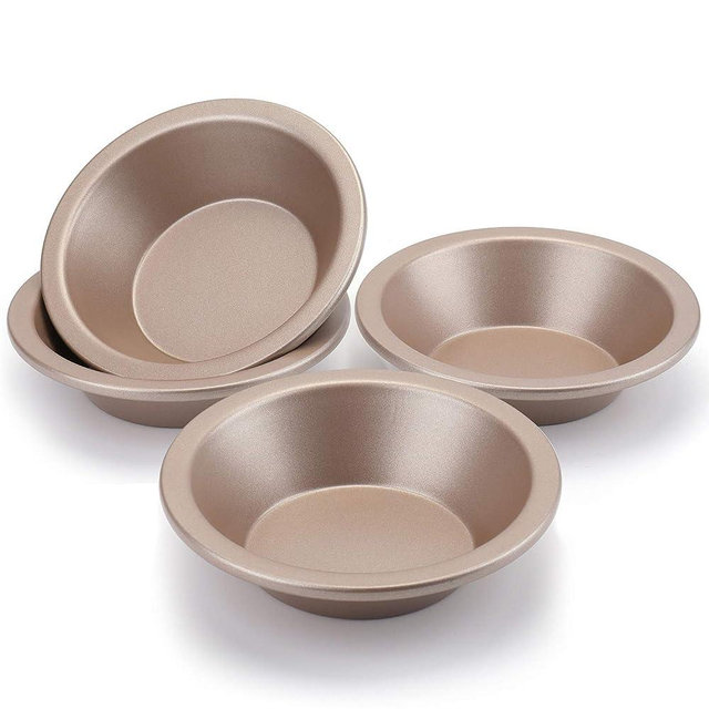 Suwimut 4 Pack Mini Pie Pan Set, 5 Inches Carbon Steel Round Nonstick Bread and Cake Bakeware for Oven and Instant Pot Baking Pies, Cakes, Tart, Desserts (Gold)