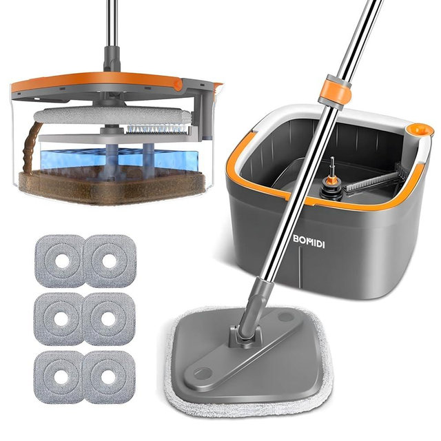 BOMIDI Spin Mop and Bucket System, Includes Dual Compartment Mop Bucket with Thick Washable Microfiber Pads for Home Cleaning (Mop Set with 6 Pads)