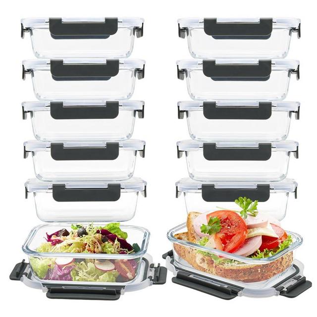 GULFLIN Glass Meal Prep Containers 12-Pack, 22oz Glass Food Storage Containers with Lids, Air-Tight, Leak-Resistant, Freezer to Microwave Safe-Grey Set