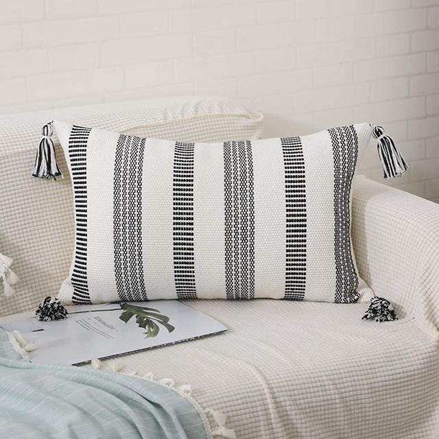 MUBIN Neutral Decorative Lumbar Throw Pillow Cover, 12x20 Inch Cotton Woven Textured Pillow Covers with Tassels for Couch, Morocco Cushion Cover for Living Room,Bedroom,Home Decor 12” x 20”