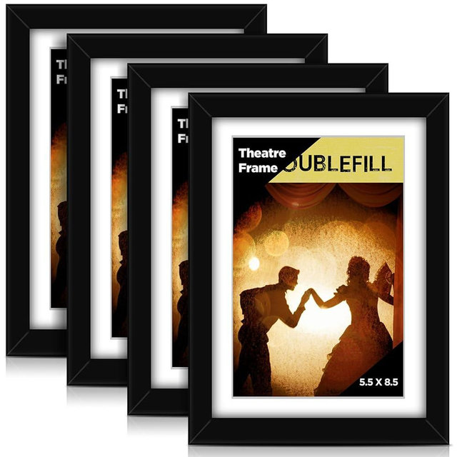 DoubleFill Theatre Bill Frame with Mat Holds 5.5 x 8.5 Inch Theatre Bill Media Ticket Frame with Easel Stand and Installed Hanger for Theatre Bill Gallery Poster Wall Hanging or Tabletop Display(White, 4 Pcs)