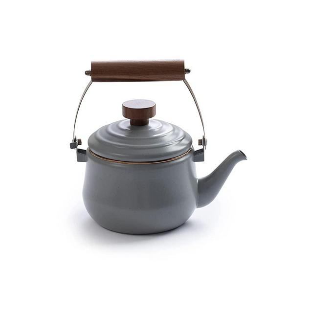 Barebones Enamel Teapot - Vintage Inspired Design - Baked Stainless Steel Rim - FSC Certified Natural Walnut handle Tea Kettle - 1.5 Liters, 6 Cups (Slate Gray)