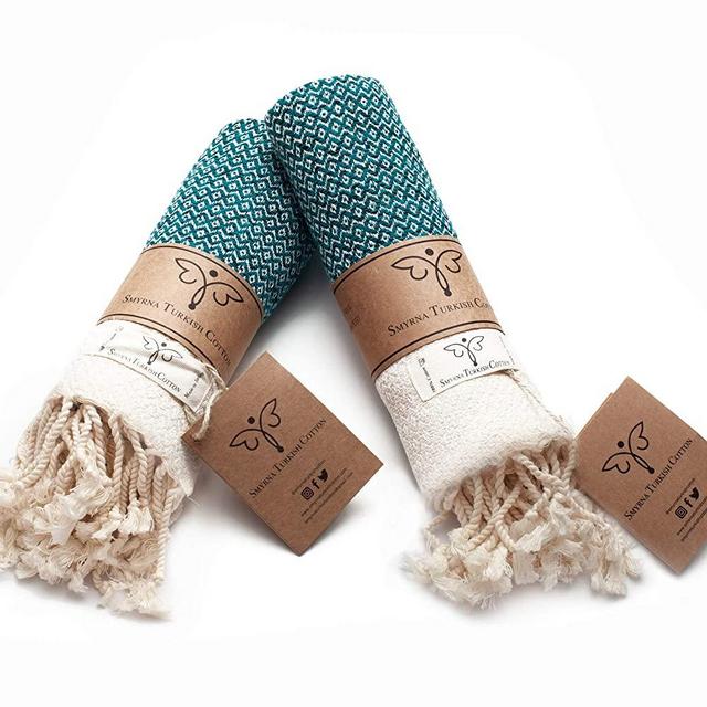 Smyrna Original Turkish Hand Towels Set of 2 | 100% Cotton, 16 x 40 Inches | Decorative Bathroom Peshtemal Towel for Hand, Face, Hair, Gym, Yoga, Tea, Dishcloth, Kitchen and Bath (Petrol)