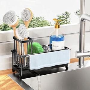 Cisily Sponge Holder for Kitchen Sink, Sink Caddy Organizer with High Brush Holder, Kitchen Countertop Organizers and Storage Essentials, Rustproof 304 Stainless Steel (Black With Towel Rack, 9.25″)