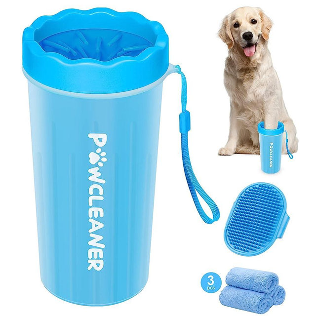 Comotech Dog Paw Cleaner for Large Dogs (with Dog Bath Brush&3 Absorbent Towels) Dog Paw Washer, Dog Foot Cleaner, Dog Grooming Brush with Adjustable Ring Handle for Long Short Haired Dogs and Cats (Large,Blue).
