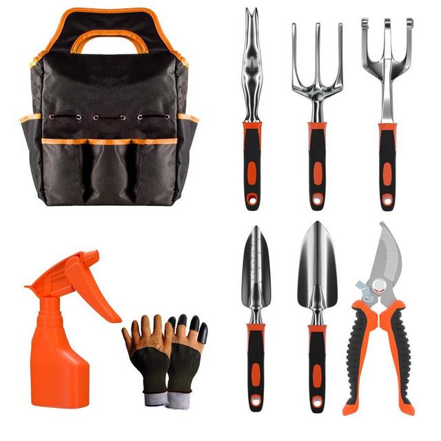 Gardening Tool Set - 9 Pieces Aluminium Alloy Garden Tools Kit Included Hand Trowel Shovels Rake, Garden Gloves and Garden Tote, Heavy Duty Garden Spade, Steel Pruning Shears, Garden Gifts