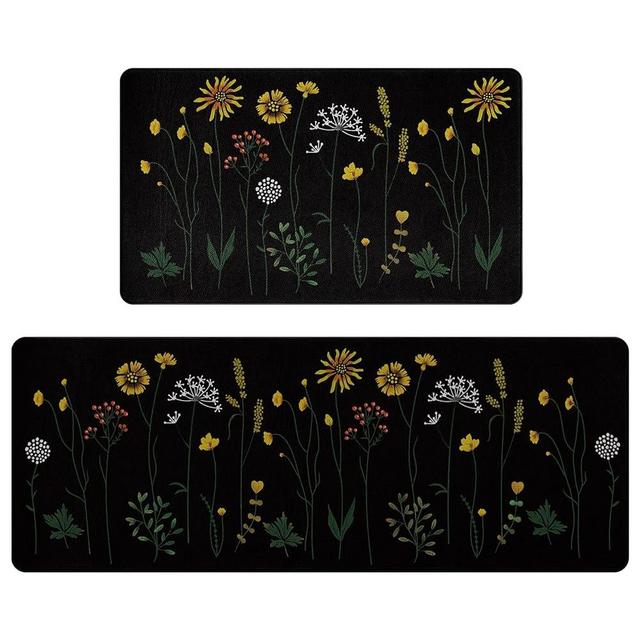 Rempry Colorful Floral Kitchen Mat for Floor, Non Slip Kitchen Rugs and Mat Set of 2, Waterproof Cushioned Anti Fatigue Kitchen Mat, 17"x47"+17"x29", Black