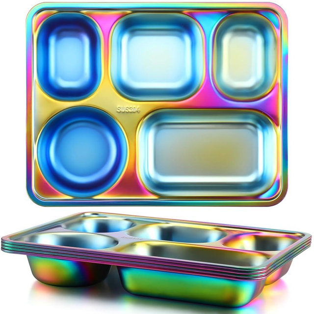 Tioncy 4 Pack Stainless Steel Kids Plates Rectangular Divided Tray 5 Sections Toddlers Dishes Dinner Balanced Bites Serving Platter for Lunch Dishwasher Safe, Rainbow