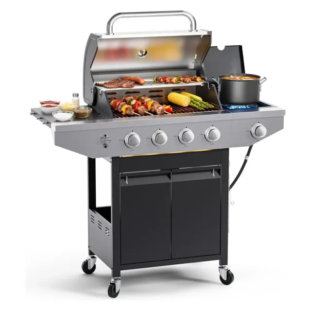 MASTGOAL 4-Burner Propane Gas BBQ Grill with Side Burner, Stainless Steel Barbecue Grill with Enameled Cast Grates and Side Tables for Outdoor Cooking