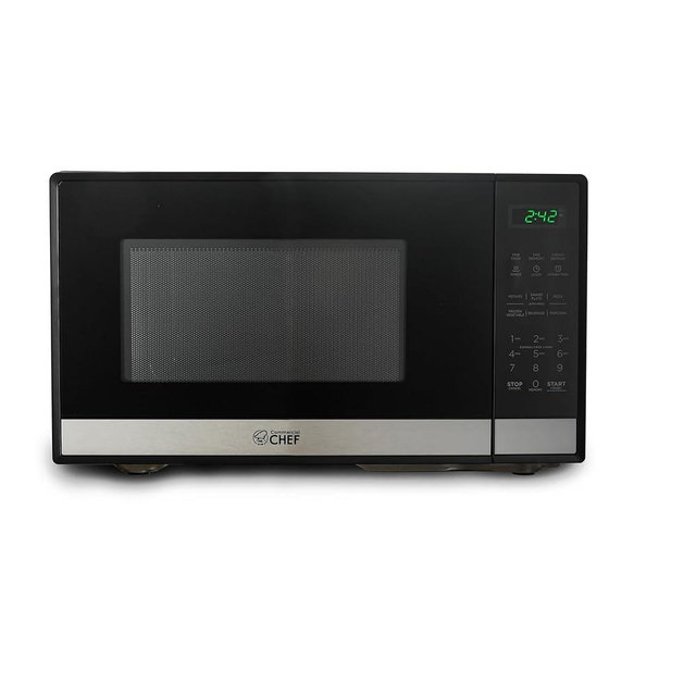 COMMERCIAL CHEF 0.9 Cubic Foot Microwave with 10 Power Levels, Small Microwave with Grip Handle, 900W Countertop Microwave with Digital Display, Door Lock and Kitchen Timer, Stainless Steel