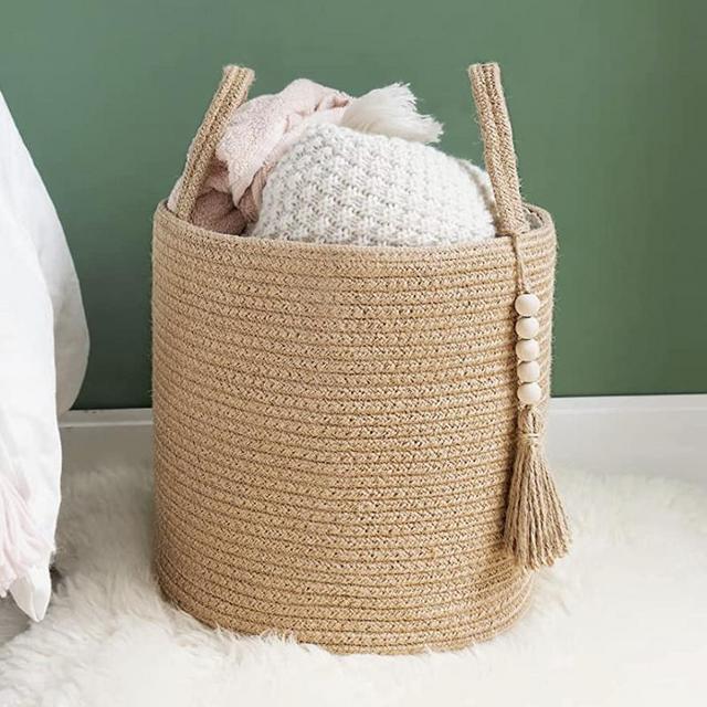 Mkono Woven Storage Basket Decorative Rope Basket Wooden Bead Decoration for Blankets,Toys,Clothes,Shoes,Plant Organizer Bin with Handles Living Room Home Decor, Jute, 11" W x 11"L