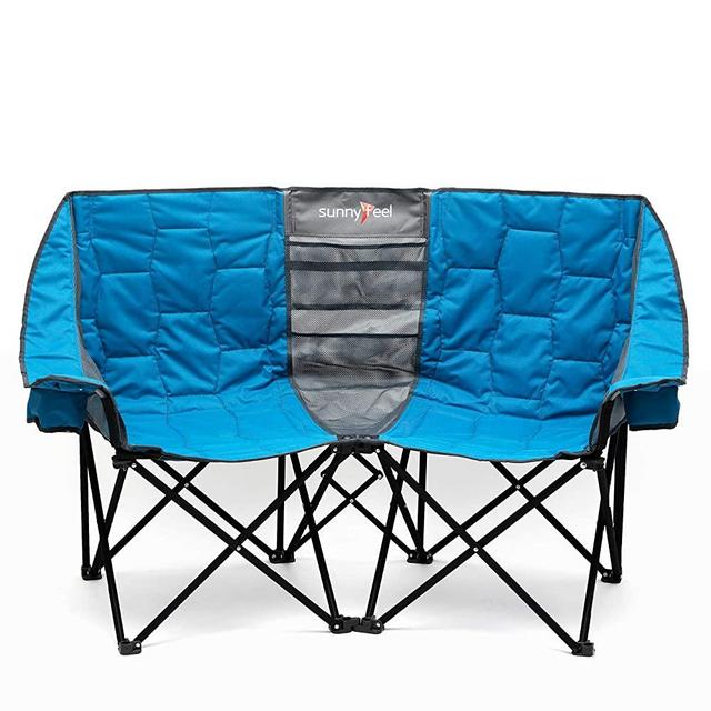 SUNNYFEEL Double Folding Camping Chair, Oversized Loveseat Chair, Heavy Duty Portable/Foldable Chair with Storage for Outside/Outdoor/Lawn/Travel/Picnic, Fold Up Camp Chair for Adults, 2 People