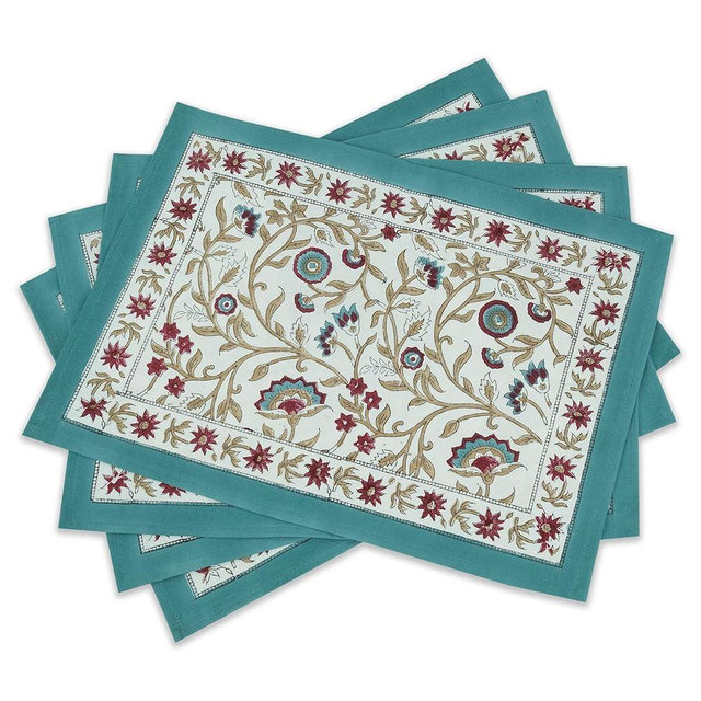 Dinning Table Mats Set of 4, Blue Red Handblock Printed Cotton Placemats, 18 X 13 Inches, Washable Handmade Indian Tablemats for Valentine Thanksgiving Gifts Home Decor Dinning