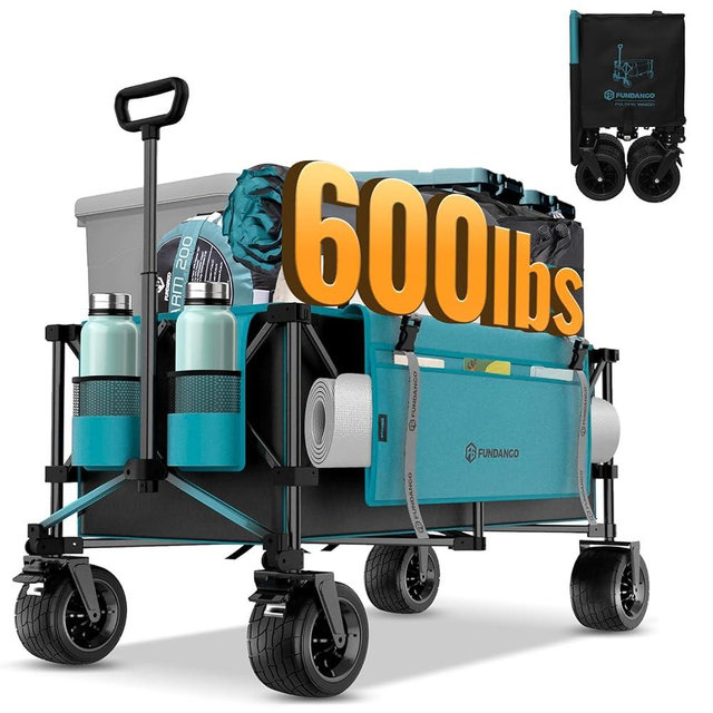 FUNDANGO 600lbs Heavy Duty Wagon, Foldable Beach Collapsible Wagons Garden Cart with Brakes, Side Pockets & All-Terrain Big Wheels for Sports Camping Shopping Groceries, Black/Blue
