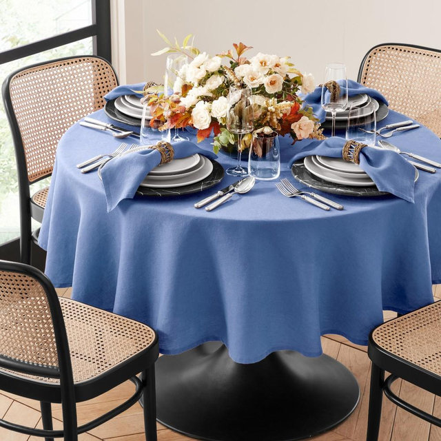 Italian Washed Linen Tablecloth, 70" Round, Blue