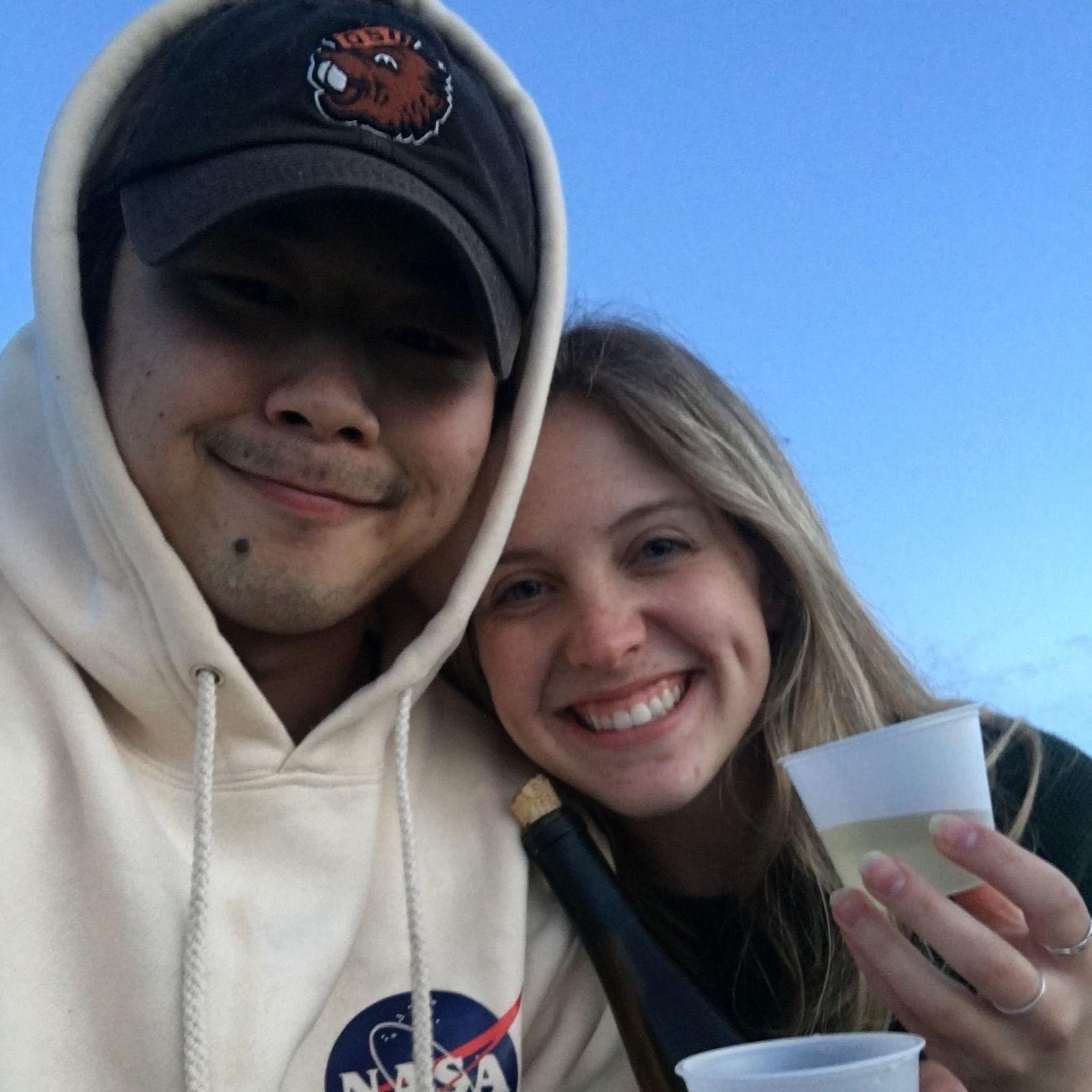 Mary's Peak 2017, one of our first dates, drinking wine out of plastic cups and watching the sunset