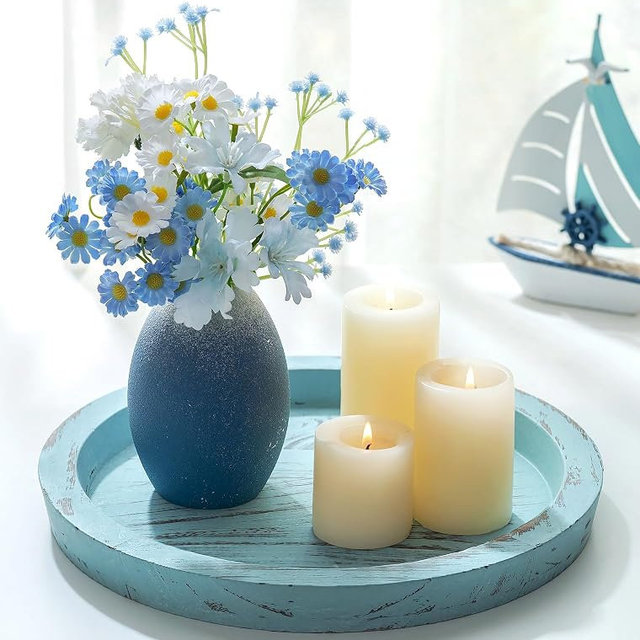 Hanobe Candle Plate Holder Tray: Round Wood Decorative Candle Plate - Rustic Farmhouse CoffeeTable Decor - Tealight Pillar Trays for Home Decor (Ocean Blue)