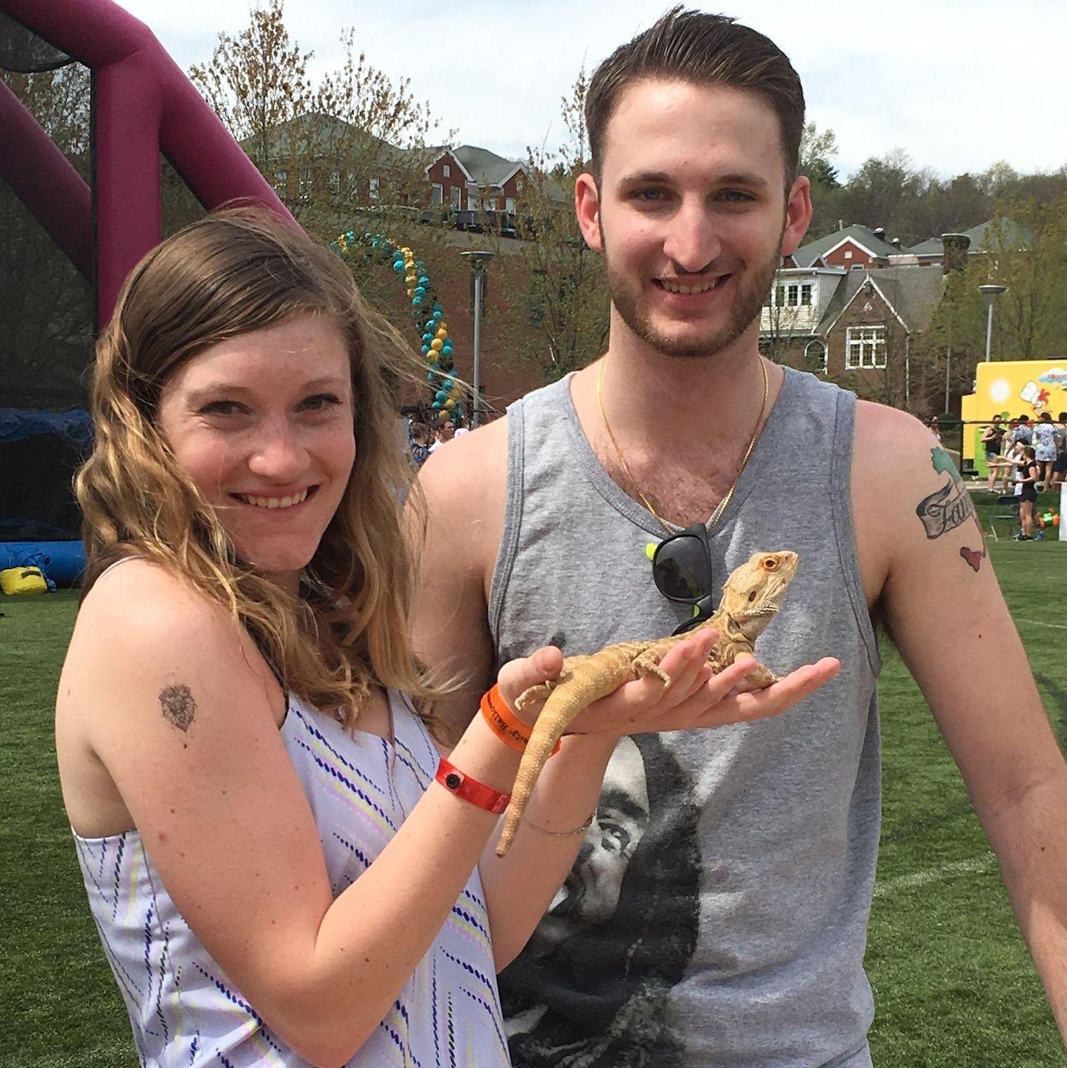 Caitlyn and Anthony celebrating Caitlyn's love of strange animals at Spring Day 2017 at Bentley University.