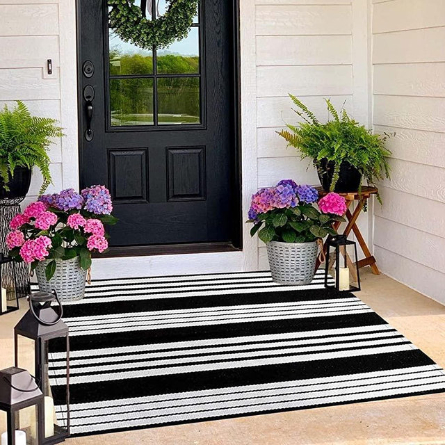 BUAGETUP Black and White Outdoor Rug 3'x 5' Hand-Woven Cotton Washable Rug Striped Front Porch Rug Machine Washable Indoor/Outdoor Area Rug Floor Mat for Farmhouse/Layered Door Mats/Living Room