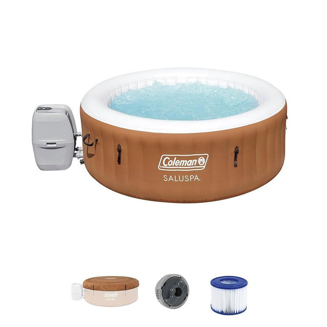 Coleman Ponderosa AirJet 2 to 4 Person Inflatable Hot Tub Round Portable Outdoor Spa w/ 120 AirJets & EnergySense Energy Saving Cover, Orange