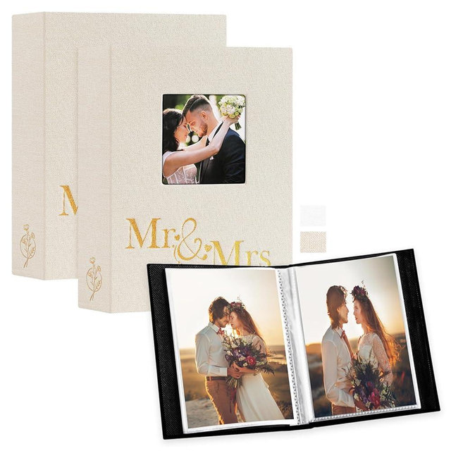 Lanpn Wedding Photo Album 4x6 2 Packs, Each Pack holds 50 Pictures, Slip in Pockets Mini Linen Top Loading Wedding Window Photo Albums for Portrait Only 4x6 Picture (Mr & Mrs, Beige)
