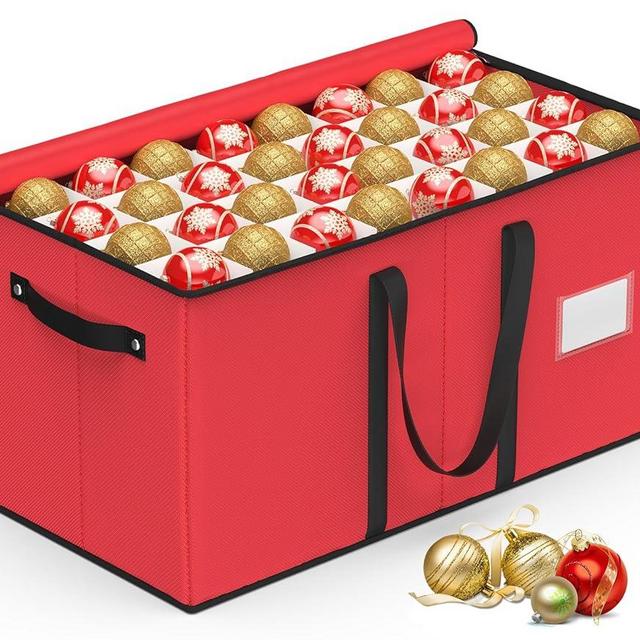 Keten Christmas Ornament Storage, Ornament Storage Box Fits 128 Holiday Ornaments 3-Inch,with Adjustable Dividers & Pockets, Dual Zipper Closure, 600D Tear-Proof Fabric (Red)