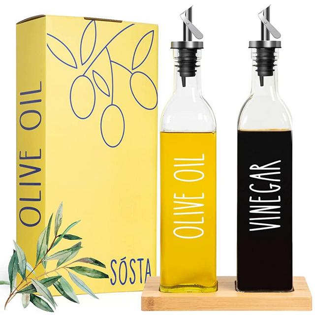 Oil and Vinegar Dispenser Set with Tray - Olive Oil Dispenser Bottle for Kitchen with Funnel, Beautiful Labels and Weighted Pourers | 17oz Oil and Vinegar Bottles (Bamboo Tray)