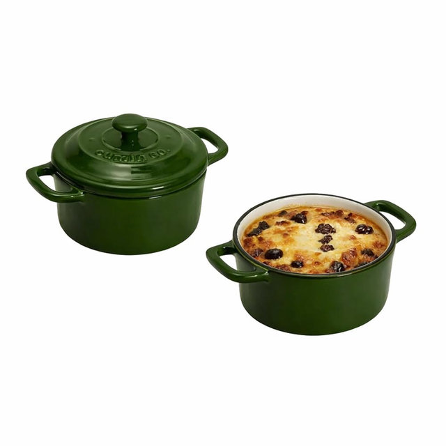 CUMIN CO. Stoneware Mini Cocotte Set of 2 with Lids – Non Toxic Ceramic Bakeware for Soufflé, Lava Cake, Crème Brûlée & Individual Servings – Oven, Microwave & Dishwasher Safe (Color: Green, 240ml)