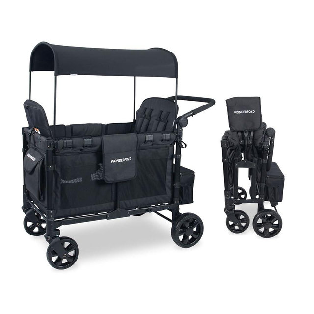 WONDERFOLD W4 Elite Quad Stroller Wagon Featuring 4 Face-to-Face Seats with 5-Point Harnesses, Adjustable Push Handle, and Removable UV-Protection Canopy, Volcanic Black