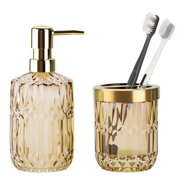 Glass Bathroom Accessories Set, 2PCS Clear Glass Bathroom Accessory, Toothbrush Holder and Soap Dispenser Set for Modern Bathroom Decor(Brown)