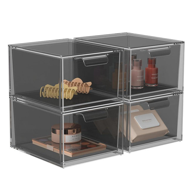 SpaceHacks 4 Pack Stackable Makeup Organizer and Storage, Acrylic Organizers，Clear Plastic Storage Drawer with Pull-Out Handles for Vanity, Undersink, Kitchen Cabinets, Pantry, Black