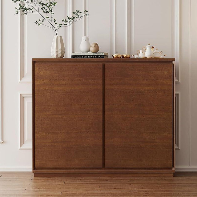 LKTART Mid Century Modern Sideboard Buffet Cabinet, Narrow Walnut Sideboard,Wood Storage Cabinet Credenza with 2 Doors for Living Room, Kitchen, Entryway, Hallway(9.25" D*39" L)