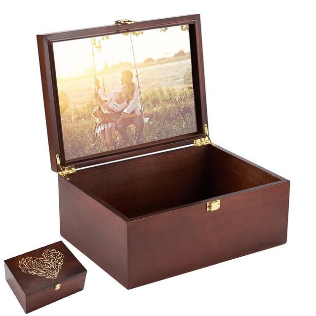 Larger Wooden Memory Keepsake Boxes With Hinged Lids and a photo frame inside the lid - Decorative Storage Box With a Hinge Lids For Picture Letter Time Capsule - Wooden Gift Boxes For Anniversary, Birthday, Wedding，5.3“*8.6”*11.7“