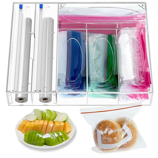 FEMELI 6 in 1 Ziplock Bag Organizer and Plastic Wrap Dispenser, Foil Organizer with Cutter for Kitchen Drawer, Acrylic Food Sandwich Bag Storage Box, Compatible with Gallon,Slider Quart, Freezer Bags