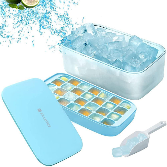Ice Cube Trays for Freezer with Lid and Bin- Ice Cube Tray with Cover - Ice Freezer Container - Ice Molds Bucket Bpa Free - Ice Box Holder Comes with Scoop for Cocktail, Whiskey, Baby Food